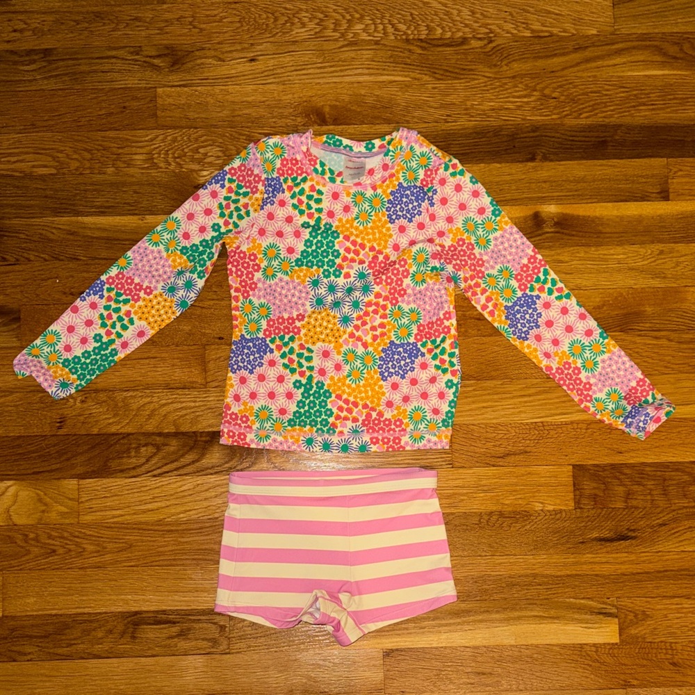 Hanna Andersson Girls Bathing Suit - Floral Rash Guard and Pink Striped Bottoms